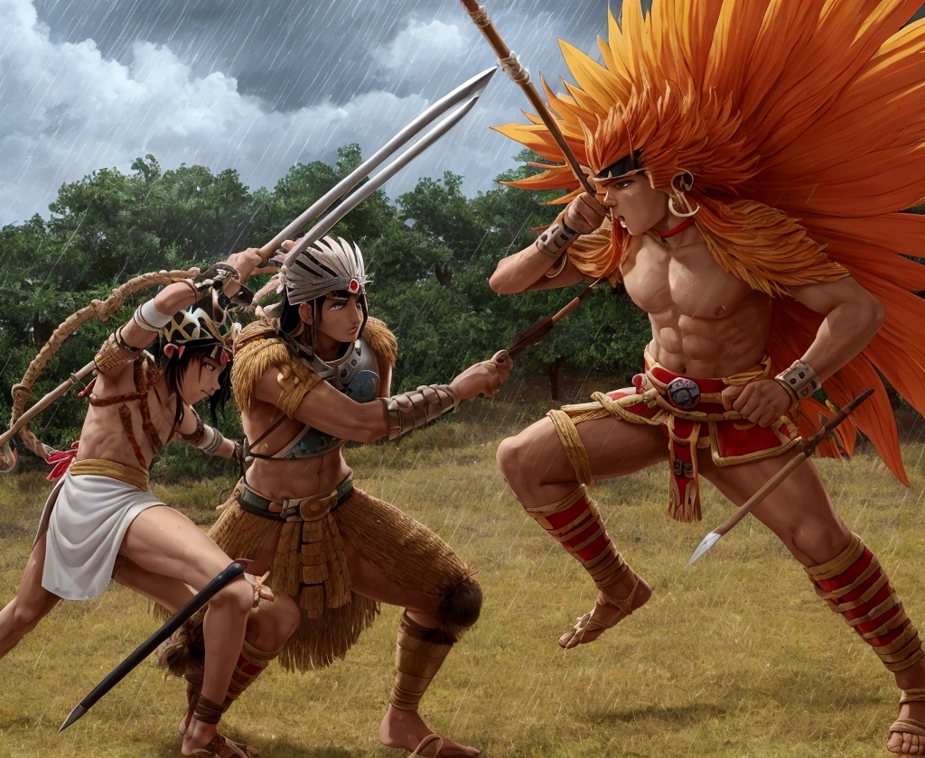 manga, toons, anime: battle between the AZTEC ARMY AND THE MAYAN ARMY, FIERCE BATTLE, HD, rain of atlatl crystal spears, bow and arrow, slings and blowguns, and for hand-to-hand combat they used spears, mallets and, probably , knives, lots of action and color