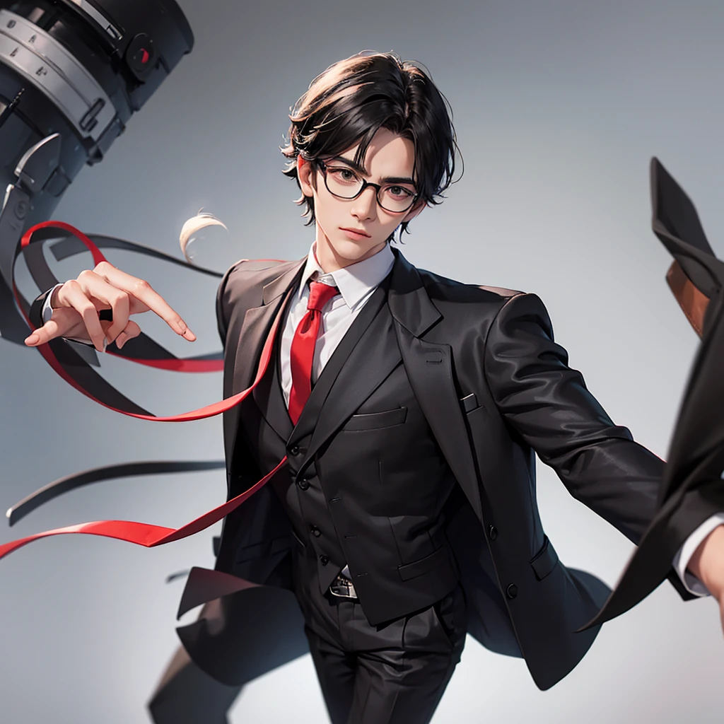 Man with glasses, black hair, black suit with small white stripes, and red tie