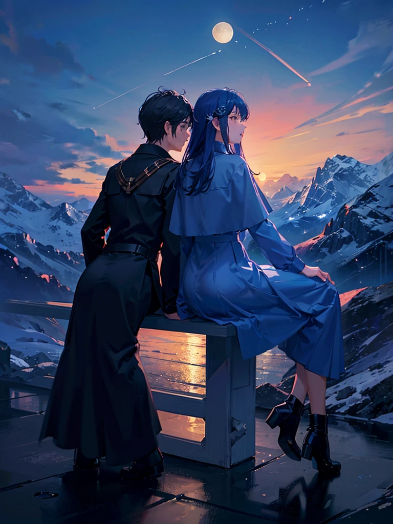 A boy and girl on a mountain top sitting night sky filled with stars looking at , (two moons) , colorful sky, wallpaper, 4k quality,Back view,