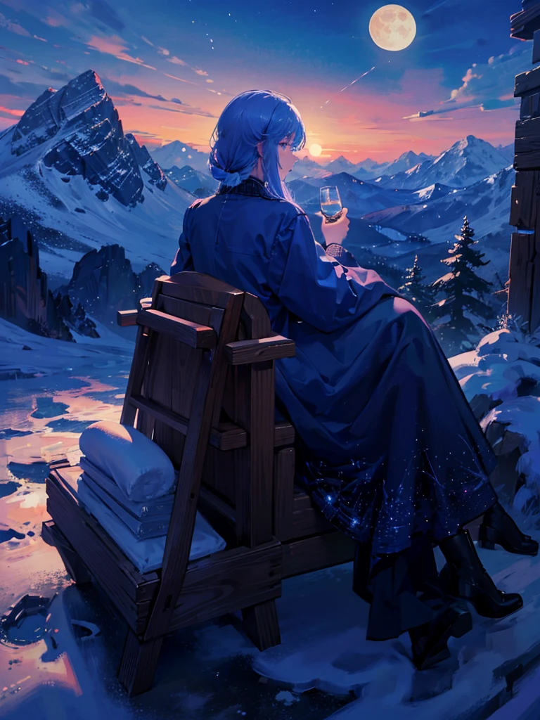 A boy and girl on a mountain top sitting night sky filled with stars looking at , (two moons) , colorful sky, wallpaper, 4k quality,Back view,