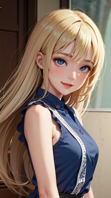 blush a little and smile, (Top quality masterpiece:1.2) Delicate illustrations, Very detailed, /Beautiful Japanese Women、1 person,Very cute and slim、Great style 、((8K images、super high quality))、Very delicate face, Skin and Hair、beautifule forehead、Red lipstick、(((((Mid-length hair、Blonde))))),Very cute Japanese cut face、Eyes and nose are clearly visible、Kind eyes,((((Sleeveless fashion))))
