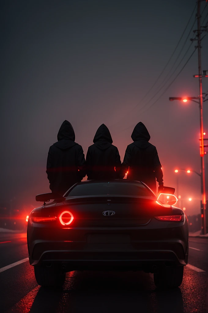 Three people wearing black hoods on a road with lots of fog and a red light in the background.