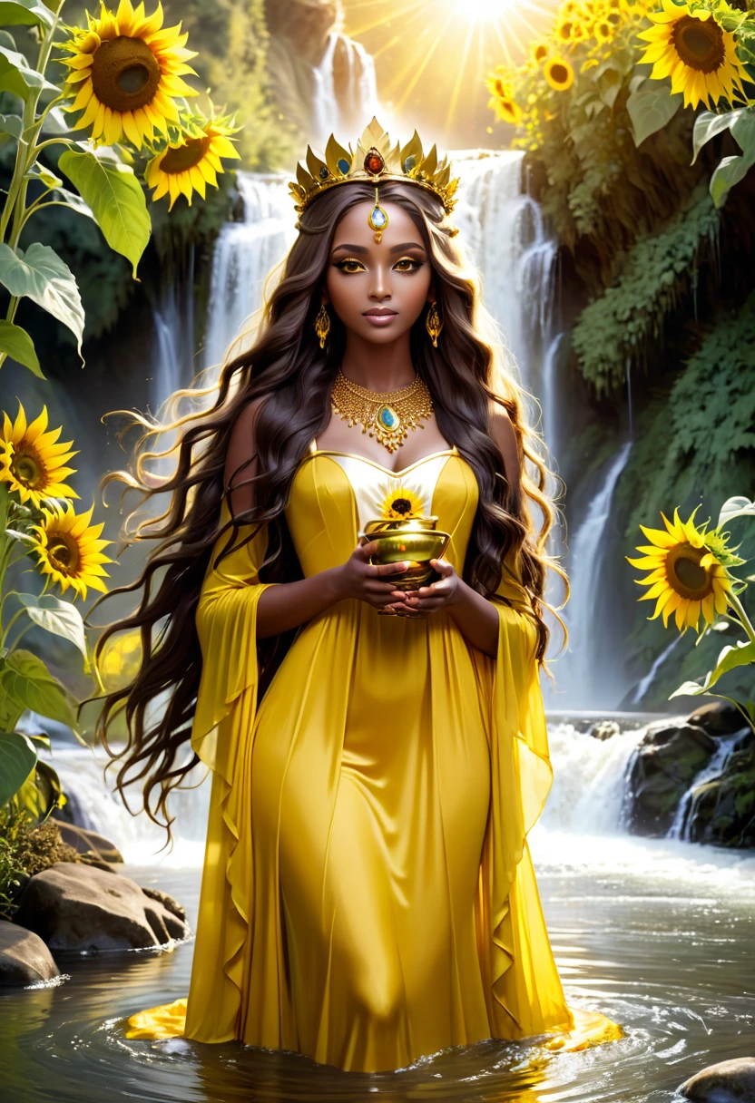 White-skinned Oshun saint, with brown eyes, beautiful long hair and a gold crown with a yellow dress in a river with a beautiful waterfall with sunflowers and a gold mirror in her hand and gold around her