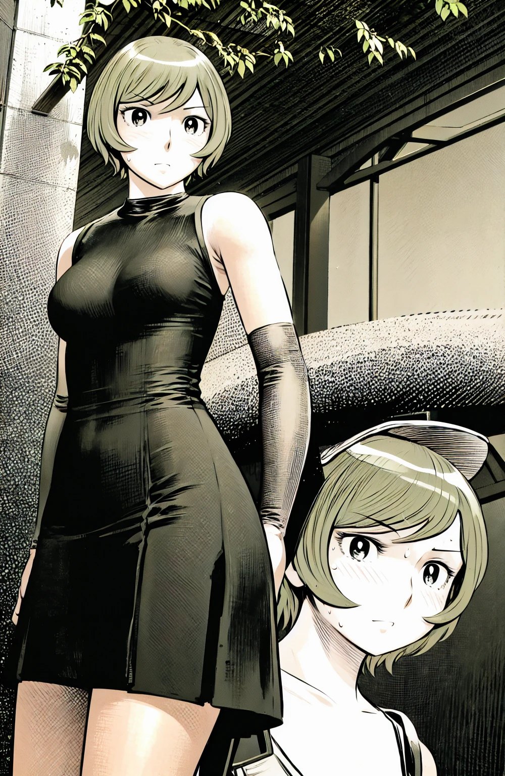 、(masterpiece、Highest quality)、Highest quality, Ultra-high resolution, (((masterpiece))), alone, Sweat、Big eyes, No sleeve、indoor、Floral dress、Composition from the front、(Cut the back hair short、short hair、blonde、woman)、Shortcuts、Embarrassed face、Cut your hair short、可愛いwomanの子、Big Breasts