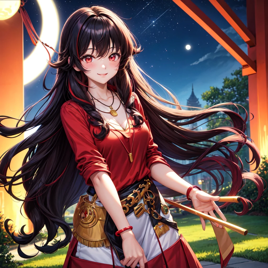 anime panel,upper body, 1girl,solo Korean, black curly hair with red highlights(long hair), red slanted eyes, casual clothes, necklace, hair illuminated by moonlight, park background , blushing, smiling,