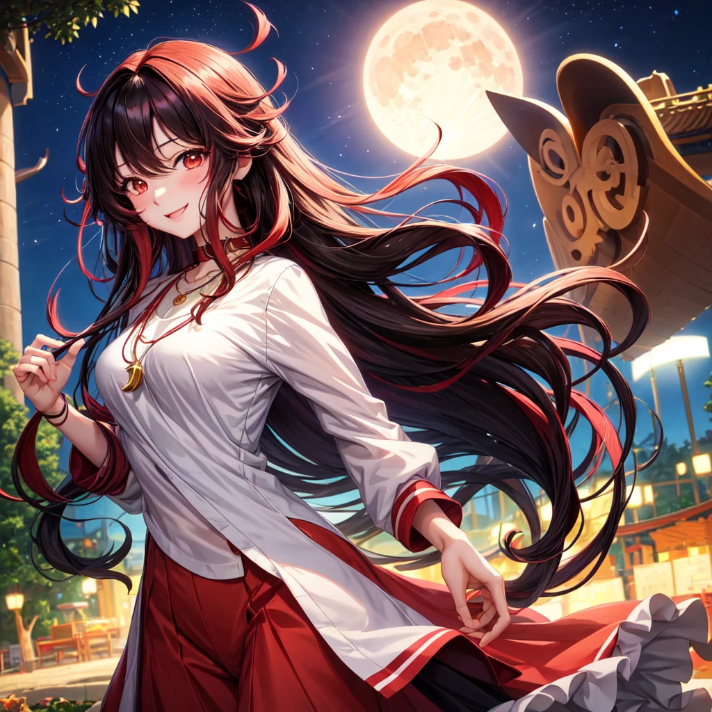 anime panel,upper body, 1girl,solo Korean, black curly hair with red highlights(long hair), red slanted eyes, casual clothes, necklace, hair illuminated by moonlight, park background , blushing, smiling,