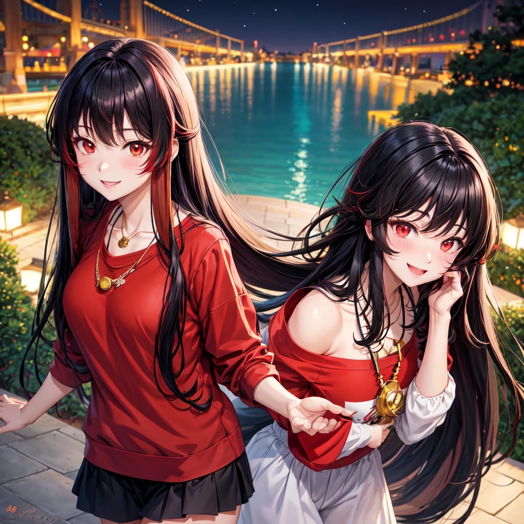 anime panel,upper body, 1girl,solo Korean, black curly hair with red highlights(long hair), red slanted eyes, casual clothes, necklace, hair illuminated by moonlight, park background , blushing, smiling,
