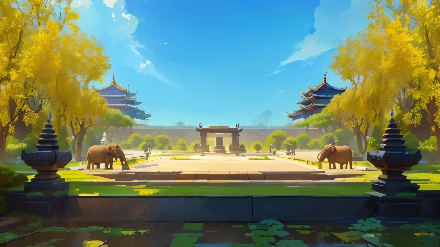 there is a painting of a courtyard with a fountain and elephants stone, arena background, mobile game background, background art, background artwork, palace background, game background, temple background, volley court background, zen temple background, anime background art, royal garden background, amazing wallpaper, anime background, 2 d game art background, park background, anime scenery concept art, videogame background, Cassia fistula, far architect thailand