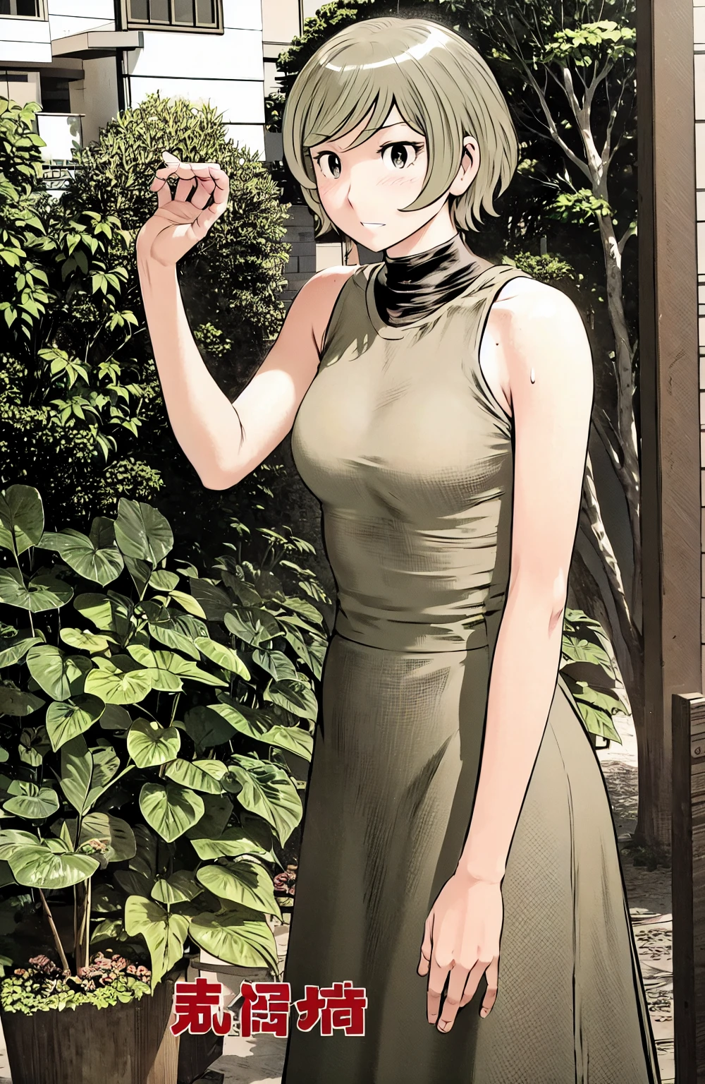 、(masterpiece、Highest quality)、Highest quality, Ultra-high resolution, (((masterpiece))), alone, Sweat、Big eyes, No sleeve、Outdoor、Floral dress、Composition from the front、(Cut the back hair short、short hair、blonde、woman)、Shortcuts、Embarrassed face、Cut your hair short、可愛いwomanの子、Big Breasts