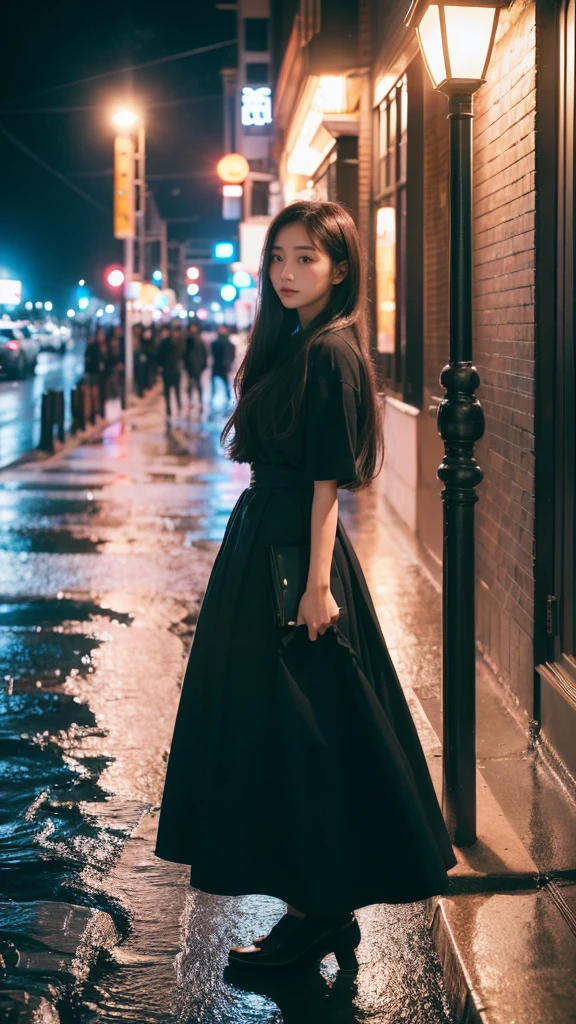 1 Girl,独自of,Long hair,Long skirt,湿of头发,黑暗of,Polaroid,(depth_of_site:1.5),rain,outdoor,street,,Mood lighting,Tyndall effect,light,night,lamp post,lens flare,Available light,Rim Light,发光of霓虹灯,Chinese_style,