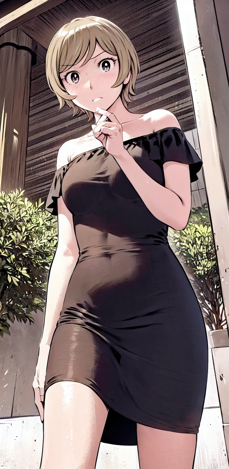 、(masterpiece、Highest quality)、Highest quality, Ultra-high resolution, (((masterpiece))), alone, Sweat、Big eyes, Please show me your armpits, No sleeve、Outdoor、Floral dress、Composition from the front、（Cut the back hair short、short hair、blonde、woman）、Shortcuts、Embarrassed face、Cut your hair short、可愛いwomanの子、Big Breasts