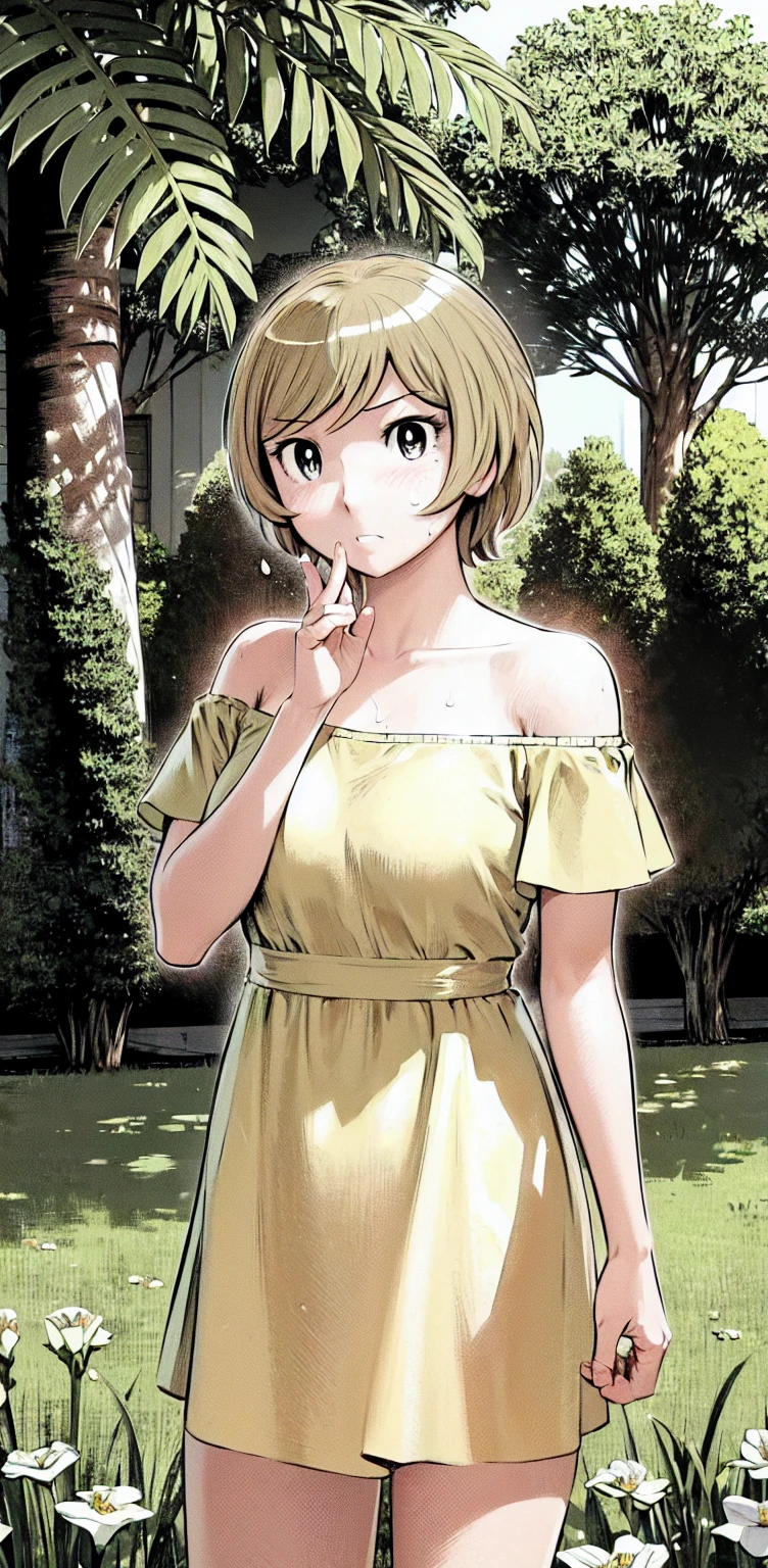 、(masterpiece、Highest quality)、Highest quality, Ultra-high resolution, (((masterpiece))), alone, Sweat、Big eyes,Show Viewer, 
blonde,(short hair:1.2), (Highest quality:1.3),One Girl,Private Server、Floral dress、nature、Off the shoulder、Embarrassed face