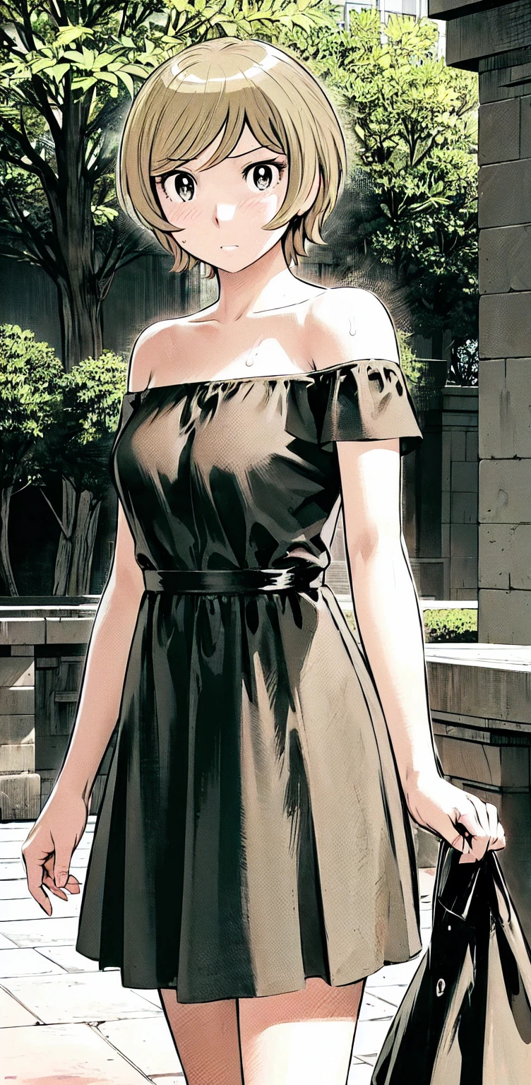 、(masterpiece、Highest quality)、Highest quality, Ultra-high resolution, (((masterpiece))), alone, Sweat、Big eyes,Show Viewer, 
blonde,(short hair:1.2), (Highest quality:1.3),One Girl,Private Server、Floral dress、nature、Off the shoulder、Embarrassed face