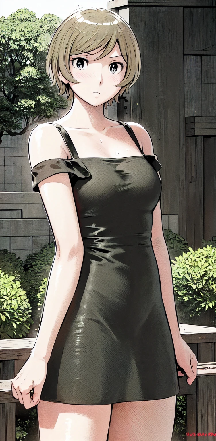 A beautiful detailed woman with dark hair, medium breasts, slim legs, wearing a short dress, ((legs spread)), night sky background, cinematic lighting, photorealistic, 8k, best quality, high resolution, masterpiece, ultra-detailed, realistic, vivid colors, dramatic lighting, romance, sensual, elegant