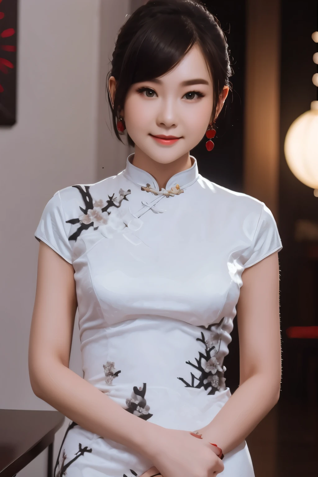 96 (A 20-year-old female,Standing), (surreal), (High level of image quality), ((short hair:1.1)), (smooth black hair), (gentle smile), (shut your mouth),(sky blue cheongsam)