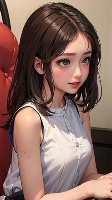 blush a little and smile, (Top quality masterpiece:1.2) Delicate illustrations, Very detailed, /Beautiful Japanese Women、1 person,Very cute and slim、Great style 、((8K images、super high quality))、Very delicate face, Skin and Hair、beautifule forehead、Red lipstick、(((((Mid-length hair、Brown Hair))))),Very cute Japanese cut face、Eyes and nose are clearly visible、Kind eyes,((((Sleeveless fashion))))