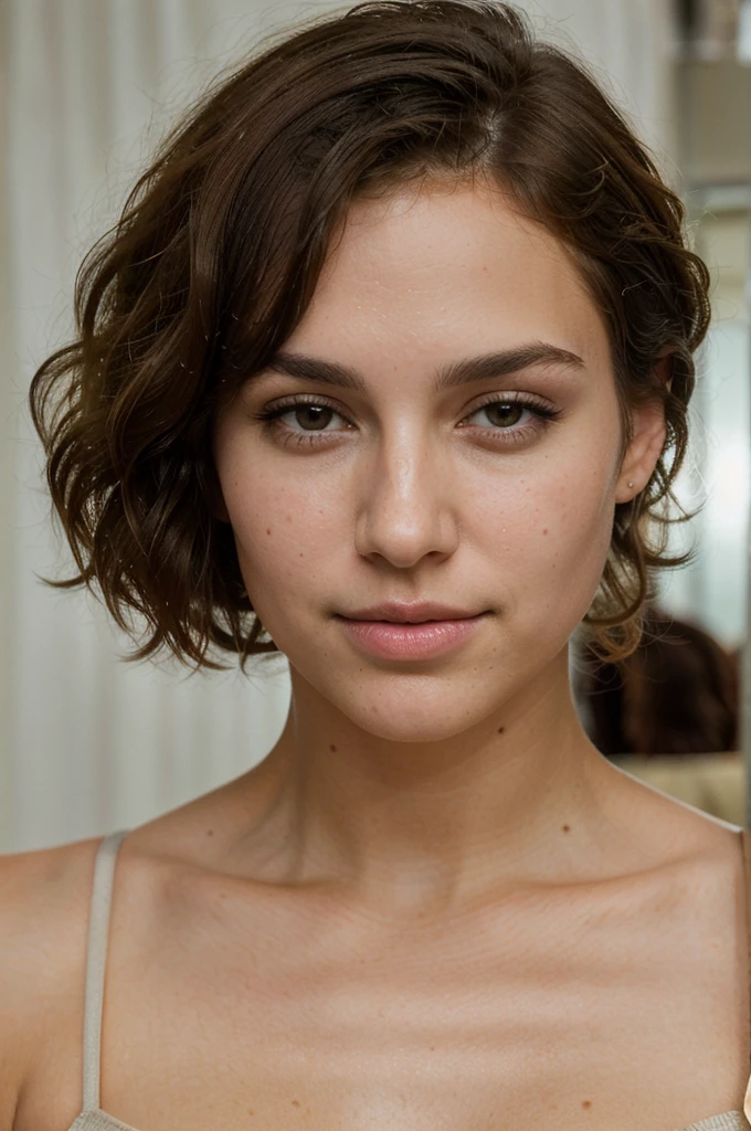 Breathtaking cinematic photo of a 30 year old girl with brown hair and brown eyes, happy, cheerful expression, closed mouth, beautiful lips, intricate details, shallow depth of field, highly detailed, high budget, epic Hollywood film, gorgeous, masterpiece, award-winning, professional, highly detailed, detailed skin texture, (blush: 0.5), (goosebumps: 0.5). (the most beautiful woman in the world) (brown hair) (short curly hair, wild hair, stylish cut) thin face, thin nose, beautiful, very beautiful, perfect face, slender body (slender), (brown hair) (brown eyes ) (white skin) Beautiful body, western face, predatory eyes, pink lips, thick thighs. full body, western beauty, thin nose, beautiful, perfect, ((best quality)), ((ultra resolution)), ((photorealistic: 1.4)), (intricate details), perfect face, makeup: 1.5 , clear face, facial details. front view ((uniform, tactical costume, agent costume, spy))