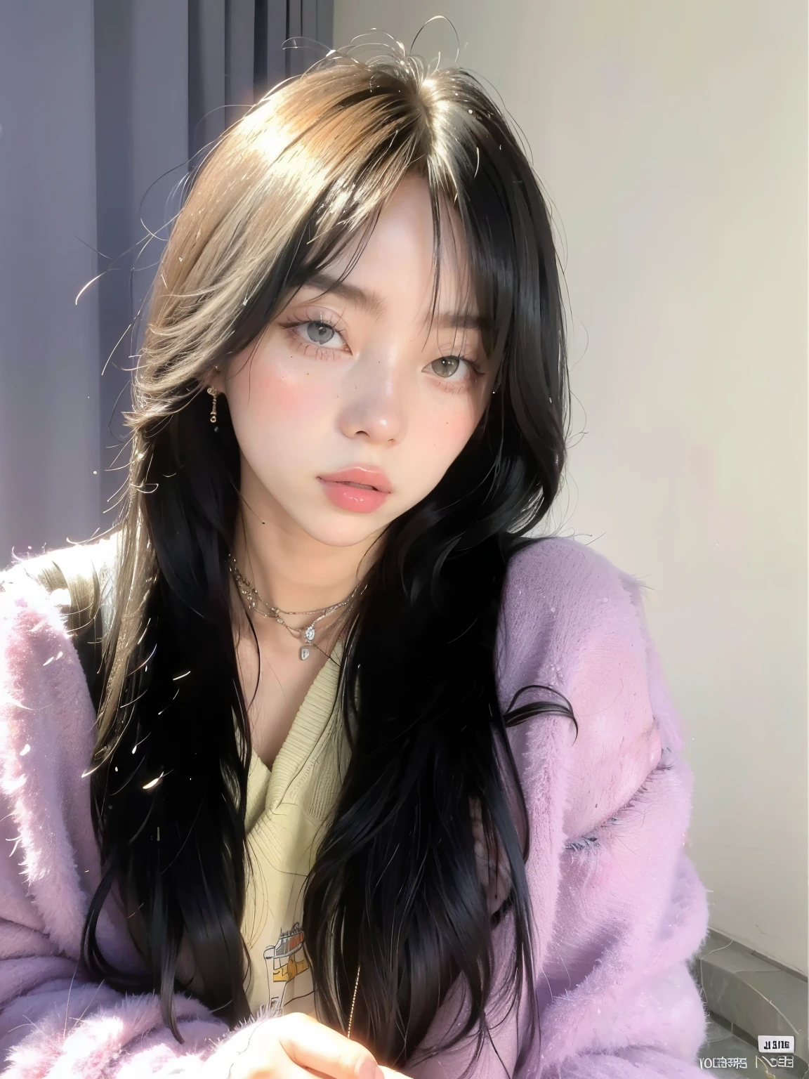 Araffe asian woman with long black hair wearing a purple sweater, Ulzzang, Retrato de Jossi do Blackpink, Ela tem cabelo preto com franja, Portrait of female Korean idol, Jennie Blackpink, tzuyu de duas vezes, cabelos longos com franja, cabelo comprido com franja completa, linda mulher coreana jovem, young cute wan asian face, wan adorable korean face