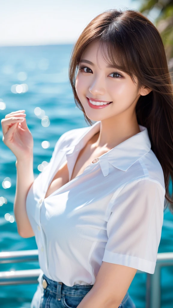 ((Highest quality、Tabletop、8K、Best image quality、Extremely intricate and detailed))、(1 person photo:1.1)、(Look at me with your best smile:1.1)、(Beautiful beaches:1.1)、(White polyester high short sleeve collar shirt:1.1)、(The perfect short sleeve collared shirt:1.1)、Accentuate your body lines、The most natural and perfect sea background、最も澄んだBeautiful sea、(Very large breasts:1.1)、(Face close-up:1.2)、Glamorous Body、Hair swaying in the wind、Sandy Beach、Beautiful sea、The clearest and most shining sea、Complex sea glow、The most detailed and realistic ocean、Beautiful seaの詳細が描かれています、(Very brightly lit face:1.2)、Ultra-high definition beauty face、(Ultra high resolution perfect beautiful teeth:1.1)、Ultra HD Hair、Ultra-high definition sparkling eyes、(Pure white skin shining in ultra-high resolution:1.2)、Ultra-high quality glossy lips、The cutest gravure pose、(Very bright and vivid:1.2)、(Very bright:1.2)、(Very refreshing:1.1)、(Glowing white beautiful skin:1.2)、(Very strong exposure:1.2)、(Pure white skin that shines Very brightly:1.2)、(Very strong highlights:1.2)、(Very bright and glowing skin:1.2)、Blurred Background,Big Breasts