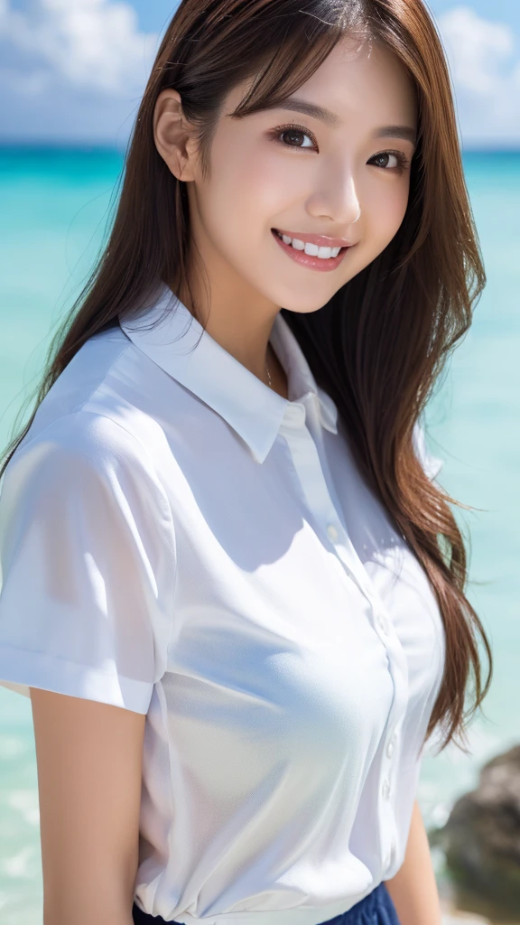 ((Highest quality、Tabletop、8K、Best image quality、Extremely intricate and detailed))、(1 person photo:1.1)、(Look at me with your best smile:1.1)、(Beautiful beaches:1.1)、(White polyester high short sleeve collar shirt:1.1)、(The perfect short sleeve collared shirt:1.1)、Accentuate your body lines、The most natural and perfect sea background、最も澄んだBeautiful sea、(Very large breasts:1.1)、(Face close-up:1.2)、Glamorous Body、Hair swaying in the wind、Sandy Beach、Beautiful sea、The clearest and most shining sea、Complex sea glow、The most detailed and realistic ocean、Beautiful seaの詳細が描かれています、(Very brightly lit face:1.2)、Ultra-high definition beauty face、(Ultra high resolution perfect beautiful teeth:1.1)、Ultra HD Hair、Ultra-high definition sparkling eyes、(Pure white skin shining in ultra-high resolution:1.2)、Ultra-high quality glossy lips、The cutest gravure pose、(Very bright and vivid:1.2)、(Very bright:1.2)、(Very refreshing:1.1)、(Glowing white beautiful skin:1.2)、(Very strong exposure:1.2)、(Pure white skin that shines Very brightly:1.2)、(Very strong highlights:1.2)、(Very bright and glowing skin:1.2)、Blurred Background,Big Breasts