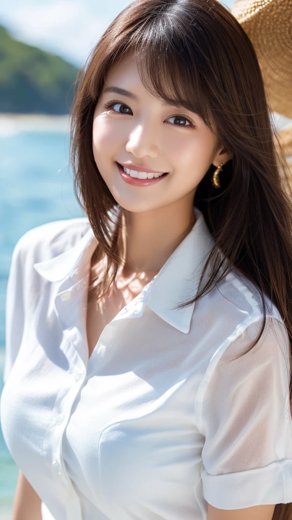 ((Highest quality、Tabletop、8K、Best image quality、Extremely intricate and detailed))、(1 person photo:1.1)、(Look at me with your best smile:1.1)、(Beautiful beaches:1.1)、(White polyester high short sleeve collar shirt:1.1)、(The perfect short sleeve collared shirt:1.1)、Accentuate your body lines、The most natural and perfect sea background、最も澄んだBeautiful sea、(Very large breasts:1.1)、(Face close-up:1.2)、Glamorous Body、Hair swaying in the wind、Sandy Beach、Beautiful sea、The clearest and most shining sea、Complex sea glow、The most detailed and realistic ocean、Beautiful seaの詳細が描かれています、(Very brightly lit face:1.2)、Ultra-high definition beauty face、(Ultra high resolution perfect beautiful teeth:1.1)、Ultra HD Hair、Ultra-high definition sparkling eyes、(Pure white skin shining in ultra-high resolution:1.2)、Ultra-high quality glossy lips、The cutest gravure pose、(Very bright and vivid:1.2)、(Very bright:1.2)、(Very refreshing:1.1)、(Glowing white beautiful skin:1.2)、(Very strong exposure:1.2)、(Pure white skin that shines Very brightly:1.2)、(Very strong highlights:1.2)、(Very bright and glowing skin:1.2)、Blurred Background,Big Breasts