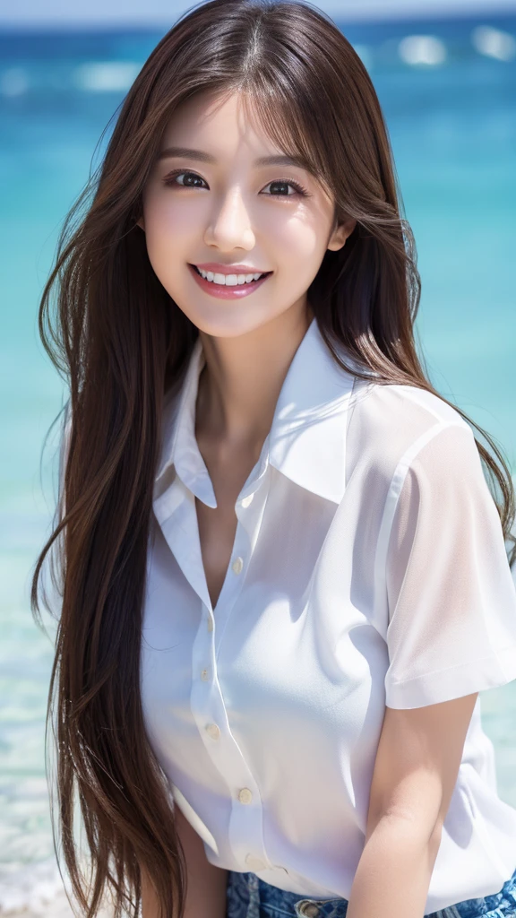 ((Highest quality、Tabletop、8K、Best image quality、Extremely intricate and detailed))、(1 person photo:1.1)、(Look at me with your best smile:1.1)、(Beautiful beaches:1.1)、(White polyester high short sleeve collar shirt:1.1)、(The perfect short sleeve collared shirt:1.1)、Accentuate your body lines、The most natural and perfect sea background、最も澄んだBeautiful sea、(Very large breasts:1.1)、(Face close-up:1.2)、Glamorous Body、Hair swaying in the wind、Sandy Beach、Beautiful sea、The clearest and most shining sea、Complex sea glow、The most detailed and realistic ocean、Beautiful seaの詳細が描かれています、(Very brightly lit face:1.2)、Ultra-high definition beauty face、(Ultra high resolution perfect beautiful teeth:1.1)、Ultra HD Hair、Ultra-high definition sparkling eyes、(Pure white skin shining in ultra-high resolution:1.2)、Ultra-high quality glossy lips、The cutest gravure pose、(Very bright and vivid:1.2)、(Very bright:1.2)、(Very refreshing:1.1)、(Glowing white beautiful skin:1.2)、(Very strong exposure:1.2)、(Pure white skin that shines Very brightly:1.2)、(Very strong highlights:1.2)、(Very bright and glowing skin:1.2)、Blurred Background,Big Breasts