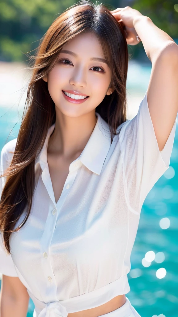 ((Highest quality、Tabletop、8K、Best image quality、Extremely intricate and detailed))、(1 person photo:1.1)、(Look at me with your best smile:1.1)、(Beautiful beaches:1.1)、(White polyester high short sleeve collar shirt:1.1)、(The perfect short sleeve collared shirt:1.1)、Accentuate your body lines、The most natural and perfect sea background、最も澄んだBeautiful sea、(Very large breasts:1.1)、(Face close-up:1.2)、Glamorous Body、Hair swaying in the wind、Sandy Beach、Beautiful sea、The clearest and most shining sea、Complex sea glow、The most detailed and realistic ocean、Beautiful seaの詳細が描かれています、(Very brightly lit face:1.2)、Ultra-high definition beauty face、(Ultra high resolution perfect beautiful teeth:1.1)、Ultra HD Hair、Ultra-high definition sparkling eyes、(Pure white skin shining in ultra-high resolution:1.2)、Ultra-high quality glossy lips、The cutest gravure pose、(Very bright and vivid:1.2)、(Very bright:1.2)、(Very refreshing:1.1)、(Glowing white beautiful skin:1.2)、(Very strong exposure:1.2)、(Pure white skin that shines Very brightly:1.2)、(Very strong highlights:1.2)、(Very bright and glowing skin:1.2)、Blurred Background,Big Breasts