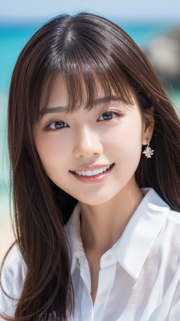 ((Highest quality、Tabletop、8K、Best image quality、Extremely intricate and detailed))、(1 person photo:1.1)、(Look at me with your best smile:1.1)、(Beautiful beaches:1.1)、(White polyester high short sleeve collar shirt:1.1)、(The perfect short sleeve collared shirt:1.1)、Accentuate your body lines、The most natural and perfect sea background、最も澄んだBeautiful sea、(Very large breasts:1.1)、(Face close-up:1.2)、Glamorous Body、Hair swaying in the wind、Sandy Beach、Beautiful sea、The clearest and most shining sea、Complex sea glow、The most detailed and realistic ocean、Beautiful seaの詳細が描かれています、(Very brightly lit face:1.2)、Ultra-high definition beauty face、(Ultra high resolution perfect beautiful teeth:1.1)、Ultra HD Hair、Ultra-high definition sparkling eyes、(Pure white skin shining in ultra-high resolution:1.2)、Ultra-high quality glossy lips、The cutest gravure pose、(Very bright and vivid:1.2)、(Very bright:1.2)、(Very refreshing:1.1)、(Glowing white beautiful skin:1.2)、(Very strong exposure:1.2)、(Pure white skin that shines Very brightly:1.2)、(Very strong highlights:1.2)、(Very bright and glowing skin:1.2)、Blurred Background,Big Breasts