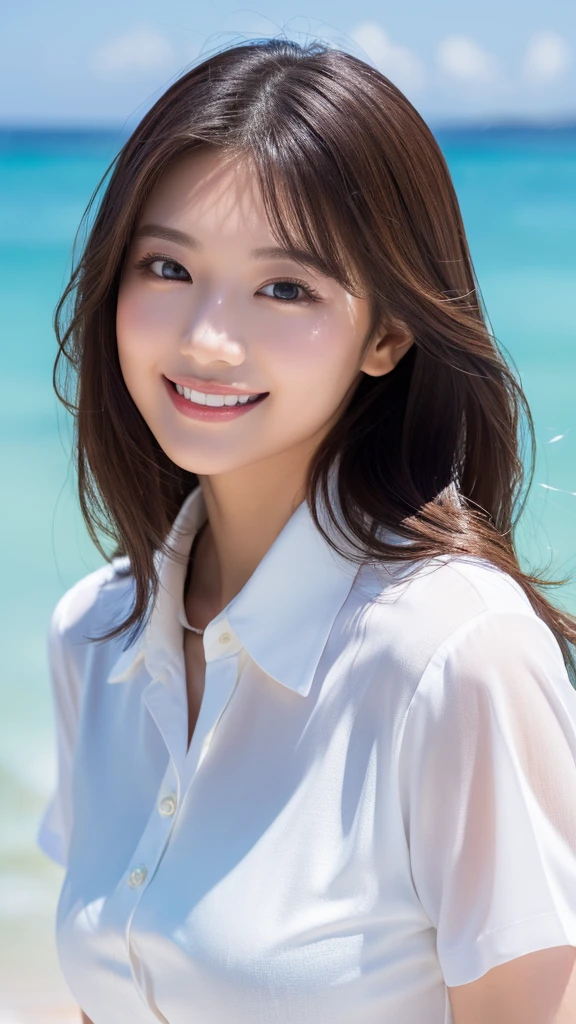 ((Highest quality、Tabletop、8K、Best image quality、Extremely intricate and detailed))、(1 person photo:1.1)、(Look at me with your best smile:1.1)、(Beautiful beaches:1.1)、(White polyester high short sleeve collar shirt:1.1)、(The perfect short sleeve collared shirt:1.1)、Accentuate your body lines、The most natural and perfect sea background、最も澄んだBeautiful sea、(Very large breasts:1.1)、(Face close-up:1.2)、Glamorous Body、Hair swaying in the wind、Sandy Beach、Beautiful sea、The clearest and most shining sea、Complex sea glow、The most detailed and realistic ocean、Beautiful seaの詳細が描かれています、(Very brightly lit face:1.2)、Ultra-high definition beauty face、(Ultra high resolution perfect beautiful teeth:1.1)、Ultra HD Hair、Ultra-high definition sparkling eyes、(Pure white skin shining in ultra-high resolution:1.2)、Ultra-high quality glossy lips、The cutest gravure pose、(Very bright and vivid:1.2)、(Very bright:1.2)、(Very refreshing:1.1)、(Glowing white beautiful skin:1.2)、(Very strong exposure:1.2)、(Pure white skin that shines Very brightly:1.2)、(Very strong highlights:1.2)、(Very bright and glowing skin:1.2)、Blurred Background,Big Breasts