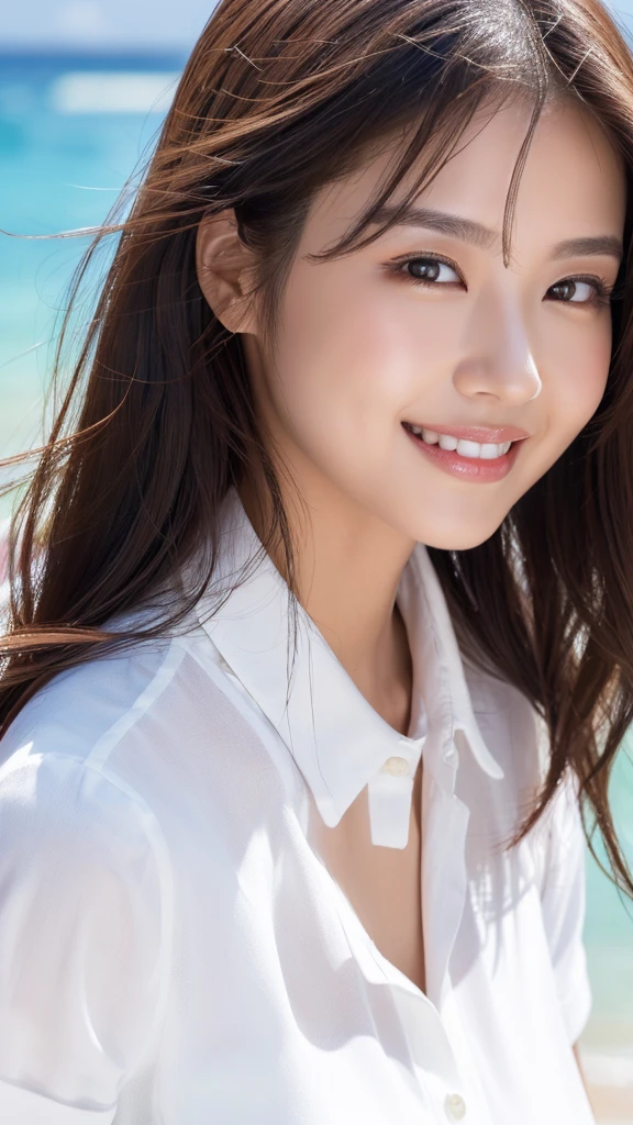 ((Highest quality、Tabletop、8K、Best image quality、Extremely intricate and detailed))、(1 person photo:1.1)、(Look at me with your best smile:1.1)、(Beautiful beaches:1.1)、(White polyester high short sleeve collar shirt:1.1)、(The perfect short sleeve collared shirt:1.1)、Accentuate your body lines、The most natural and perfect sea background、最も澄んだBeautiful sea、(Very large breasts:1.1)、(Face close-up:1.2)、Glamorous Body、Hair swaying in the wind、Sandy Beach、Beautiful sea、The clearest and most shining sea、Complex sea glow、The most detailed and realistic ocean、Beautiful seaの詳細が描かれています、(Very brightly lit face:1.2)、Ultra-high definition beauty face、(Ultra high resolution perfect beautiful teeth:1.1)、Ultra HD Hair、Ultra-high definition sparkling eyes、(Pure white skin shining in ultra-high resolution:1.2)、Ultra-high quality glossy lips、The cutest gravure pose、(Very bright and vivid:1.2)、(Very bright:1.2)、(Very refreshing:1.1)、(Glowing white beautiful skin:1.2)、(Very strong exposure:1.2)、(Pure white skin that shines Very brightly:1.2)、(Very strong highlights:1.2)、(Very bright and glowing skin:1.2)、Blurred Background,Big Breasts