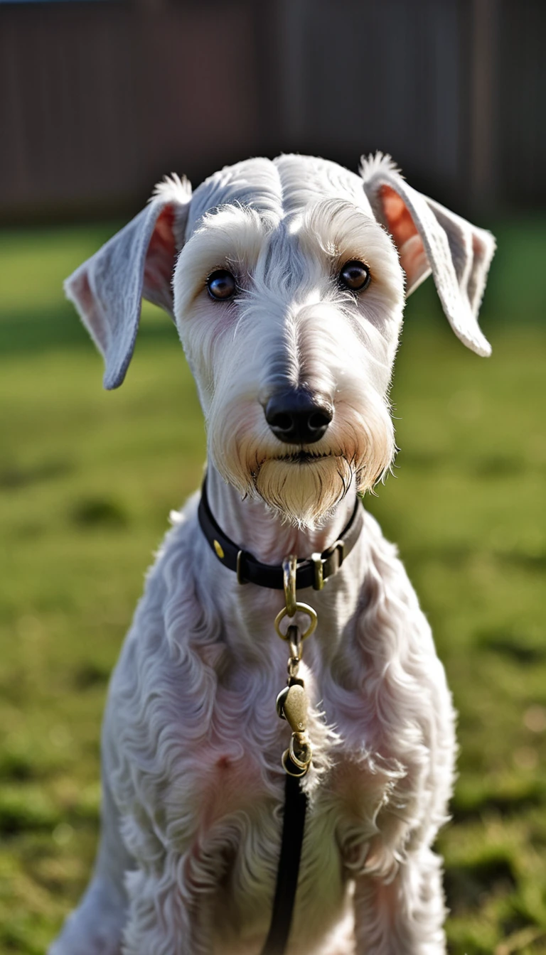 There is no one, realistic photo, photo realism, realism, bedrington terrier(Bedlington Terrier), perfect composition, intricate details, Very sharp, masterpiece, profile, high resolution, looking at the viewer, Full body photo in the dog park