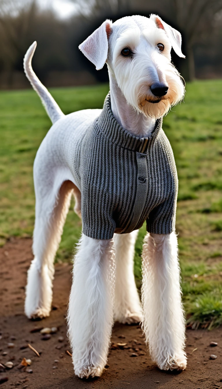 There is no one, realistic photo, photo realism, realism, bedrington terrier(Bedlington Terrier), perfect composition, intricate details, Very sharp, masterpiece, profile, high resolution, looking at the viewer, Full body photo in the dog park