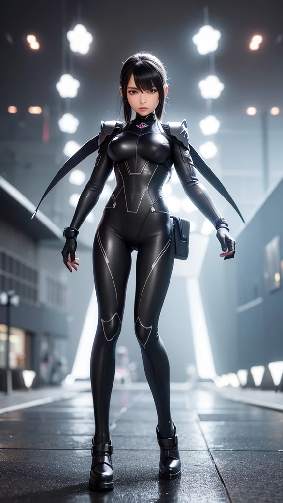 Creates a 3D rendered anime cartoon style image of a beautiful female soldier armed with futuristic weapons with blue eyes and black hair., black suit, gray and white suit must have all the ornaments of a soldier suit futuristic street environment apply microparticulate neon to the details of the environment in all its colors ,full body shot 300 dpi , HDMI and full definition esena great vibrant tones, perfectly intricate details 