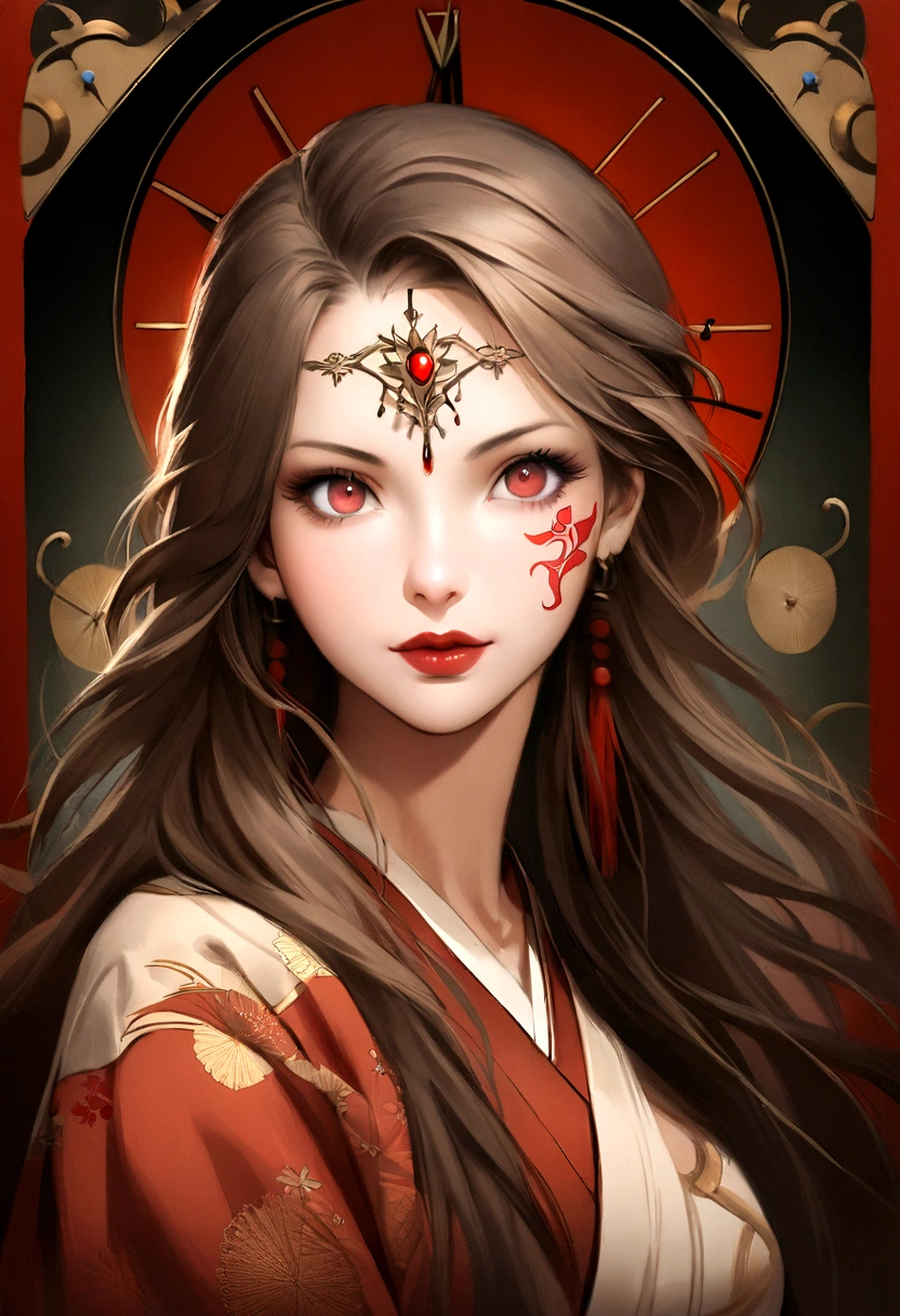 A woman wearing a red decorated Japanese kimono with mysterious red paint on her face(tattoo)Take stunning retro-style photos, Reminiscent of Charisma Carpenter. warm, The natural light highlights her voluptuous features., Create a realistic scene. Use a 50mm lens to focus on her captivating red eyes., Radiating beauty and strength. Images must be high resolution, Fine texture and calm color, Embodying the quintessence of Luis Royo's illustration style. Combining the timeless charm of Pocahontas with the nostalgic appeal of a retro aesthetic、Create captivating portraits。. --16 pieces:9-5 o'clock.2