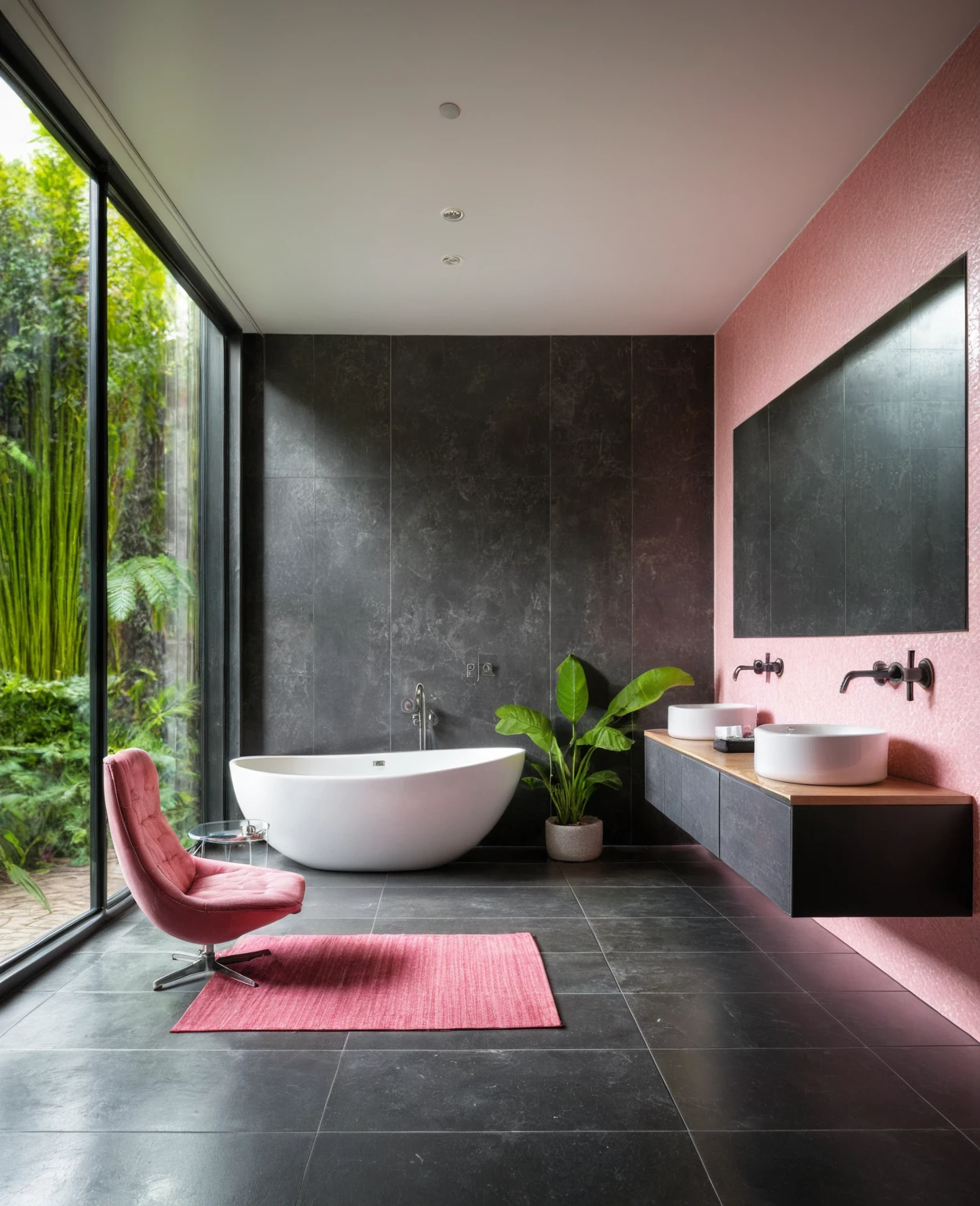 Raw photo,Masterpiece, high quality, best quality, authentic, super detail, interior, bathroom style modern, sunset, day light, window,ALUMINUM GLASS DOORS , overlooking tropical garden, ((black and pink tones)), bathtub, faucet, shower, lavatory, glass wall, bottles, mirror, lavabo, cabinet, wall tiles mosaic, carpet, armchair and table tea, towel and towel hook,