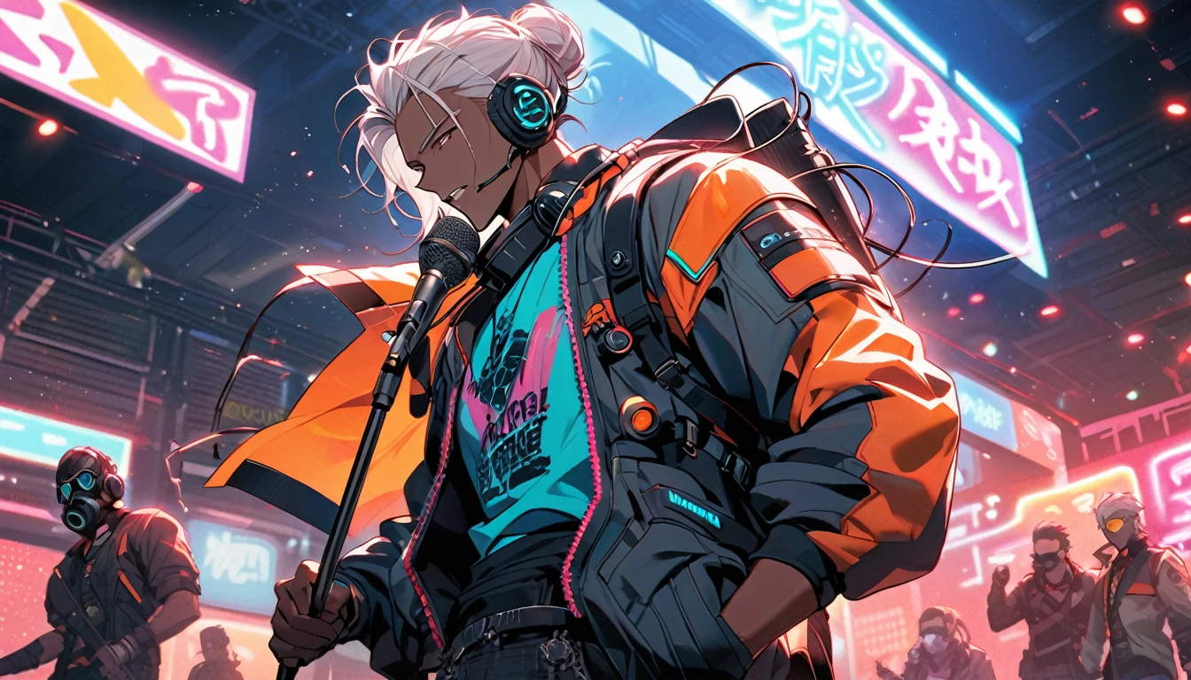 Handsome, single, muscular with visible wash marks, male, hair pulled back in a bun, dark skin, white hair, headphones, neon colored sci-fi robot suit. Mixes sci-fi and neon tones. Behind it is a robot with neon lights. In the background, a large robot was clearly visible singing on stage. Wear a gas mask, neon shirt, and hold a cool microphone. and sing on stage Wear a gas mask.