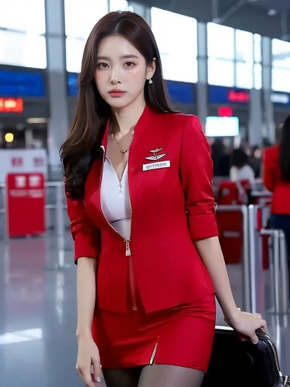 (masterpiece:1.2, highest quality:1.2), 32k HDR, High resolution, (alone, 1 girl), （Realistic style of AirAsia stewardess uniform）, neat woman, beautiful face, brown hair, (long hair down to waist), (red jacket:1.1, Unzipped jacket, unbuttoned white shirt:1.05, red mini skirt:1.1, pantyhose), perfect slim body:1.1, huge breasts, Huge breasts cleavage, detailed skin texture, fine eyes, (fascinating look:1.2), necklace、earrings、(cowboy shot posture:1.5, in an airport, Tokyo , Narita airport,