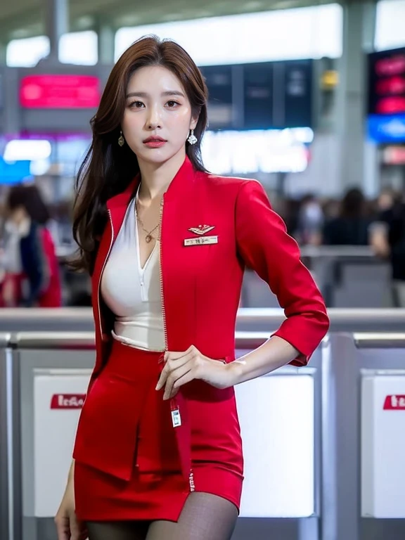 (masterpiece:1.2, highest quality:1.2), 32k HDR, High resolution, (alone, 1 girl), （Realistic style of AirAsia stewardess uniform）, neat woman, beautiful face, brown hair, (long hair down to waist), (red jacket:1.1, Unzipped jacket, unbuttoned white shirt:1.05, red mini skirt:1.1, pantyhose), perfect slim body:1.1, huge breasts, Huge breasts cleavage, detailed skin texture, fine eyes, (fascinating look:1.2), necklace、earrings、(cowboy shot posture:1.5, in an airport, Tokyo , Narita airport,