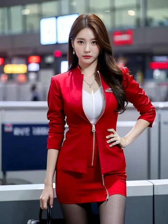 (masterpiece:1.2, highest quality:1.2), 32k HDR, High resolution, (alone, 1 girl), （Realistic style of AirAsia stewardess uniform）, neat woman, beautiful face, brown hair, (long hair down to waist), (red jacket:1.1, Unzipped jacket, unbuttoned white shirt:1.05, red mini skirt:1.1, pantyhose), perfect slim body:1.1, huge , Huge  cleavage, detailed skin texture, fine eyes, (fascinating look:1.2), necklace、earrings、(forward leaning posture:1.5, in an airport, London , Heathrow airport,blue eyes