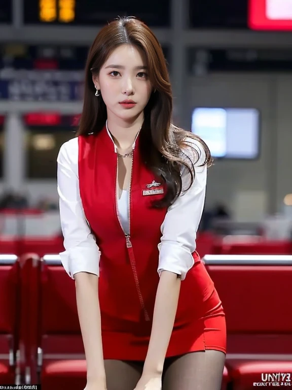 (masterpiece:1.2, highest quality:1.2), 32k HDR, High resolution, (alone, 1 girl), （Realistic style of AirAsia stewardess uniform）, neat woman, beautiful face, brown hair, (long hair down to waist), (red jacket:1.1, Unzipped jacket, unbuttoned white shirt:1.05, red mini skirt:1.1, pantyhose), perfect slim body:1.1, huge breasts, Huge breasts cleavage, detailed skin texture, fine eyes, (fascinating look:1.2), necklace、earrings、(cowboy shot posture:1.5, in an airport, Tokyo , Narita airport,