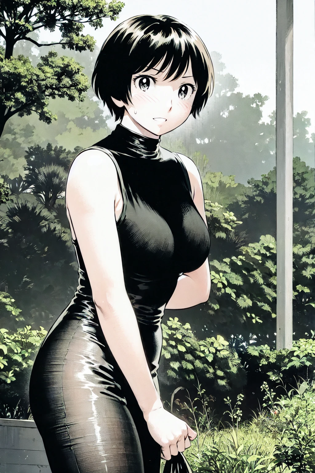 、(masterpiece、Highest quality)、Highest quality, Ultra-high resolution, (((masterpiece))), alone, Sweat、Big eyes, No sleeve、Outdoor、Floral dress、Composition from the front、(Cut the back hair short、short hair、blonde、woman)、Shortcuts、Embarrassed face、Cut your hair short、可愛いwomanの子、Big Breasts、NSFW