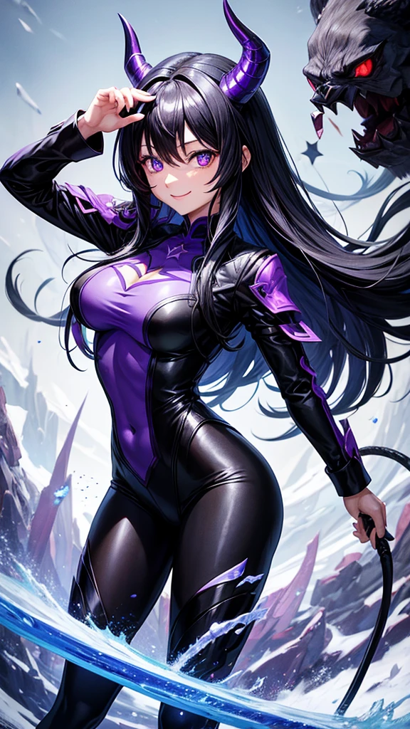 top-quality、masterpiece、Beautiful One Woman、Colored tights、Tanksuit、huge smile、Full body like、watching at viewers、Dark eyes、Eyes glow purple