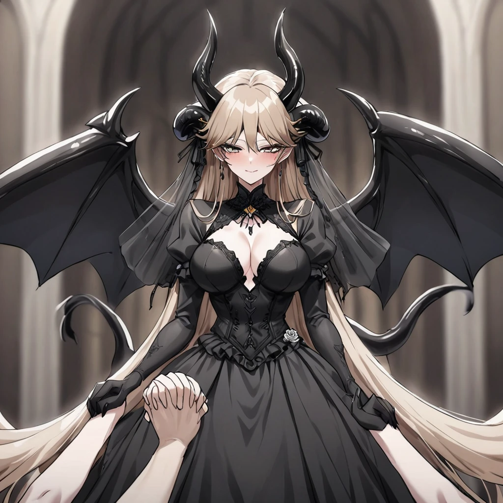 ((Highest quality)), ((masterpiece)), (detailed), (Perfect Face)、The woman is a sexy devil with jet black skin、The woman is a jet-black female demon with magnificent devil horns, jet-black devil wings, and a jet-black tail. Her skin is jet-black, she is wearing a luxurious black Gothic Victorian wedding dress and a black wedding veil, and she is holding the hand of the dignified and powerful Great Demon King and holding a wedding ceremony together. She is the jet-black demon Princess Leona, with medium-long light brown hair, a demon in both body and mind, and has the expression of a maiden in love.、The woman is the wife of her beloved husband, the dignified and powerful Demon King, and they are holding hands with the Demon King as they hold each other in their wedding ceremony.