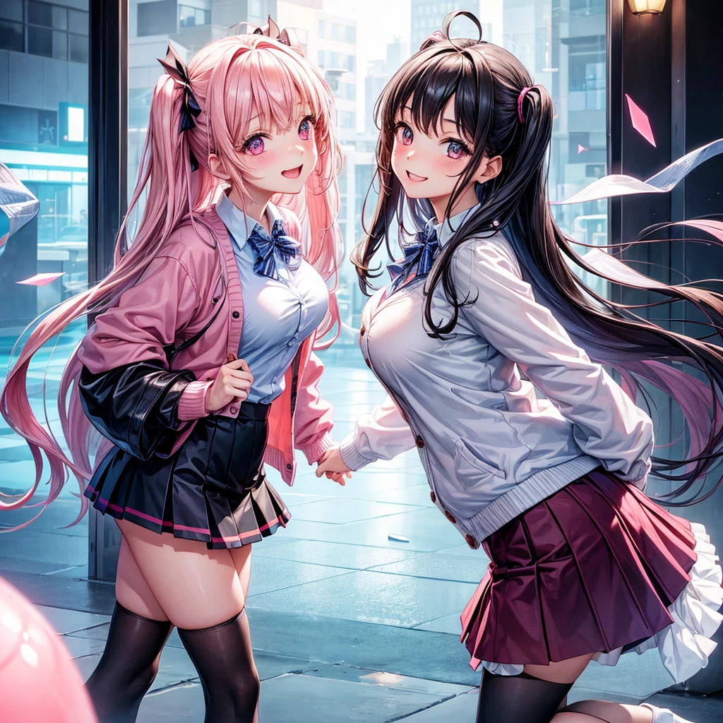 best quality，8K，smile，cardigan，Girls hugging and kissing，A mirror-like transparent surface,They are hugging each other,Evolution Fashion，future fashion，blazer，ribbon on uniform，mini skirt，high school girl，multiple girls are depicted，harem，idol group，photo shoot，long hair，wearing a cardigan，highest quality，big breasts，happy girl,horny girl，pink eyes，perfect face，standing position，I have my hands in my pockets，letting down one&#39;s Bangs，beautiful eyes,gym,girls hugging each other,smooth hair，multicolored hair colors，naughty girl，beautiful girl，beautiful girl，loose socks