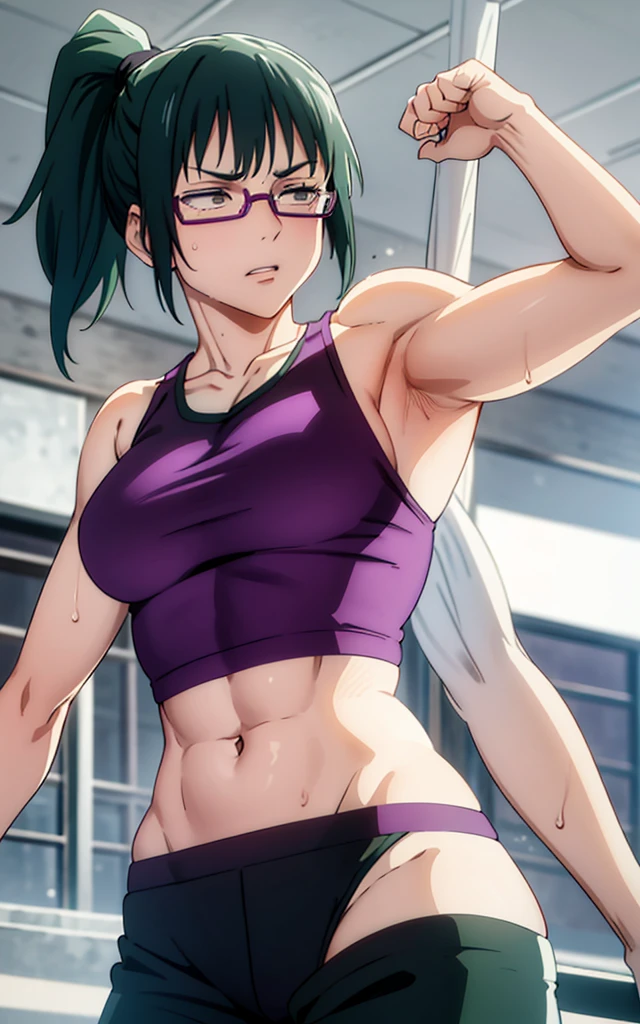 Maki Zenin, sports bra, long pants,curved, dark green hair, ponytail, well proportioned, muscular, large thighs, medium chest, purple glasses, gym background, armpits visible, sweaty armpits, very sweaty armpits, sweaty