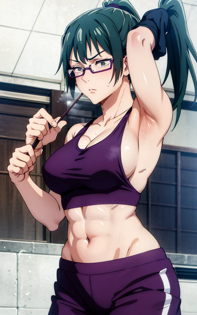 Maki Zenin, sports bra, long pants,curved, dark green hair, ponytail, well proportioned, muscular, large thighs, medium chest, purple glasses, gym background, armpits visible, sweaty armpits, very sweaty armpits, sweaty