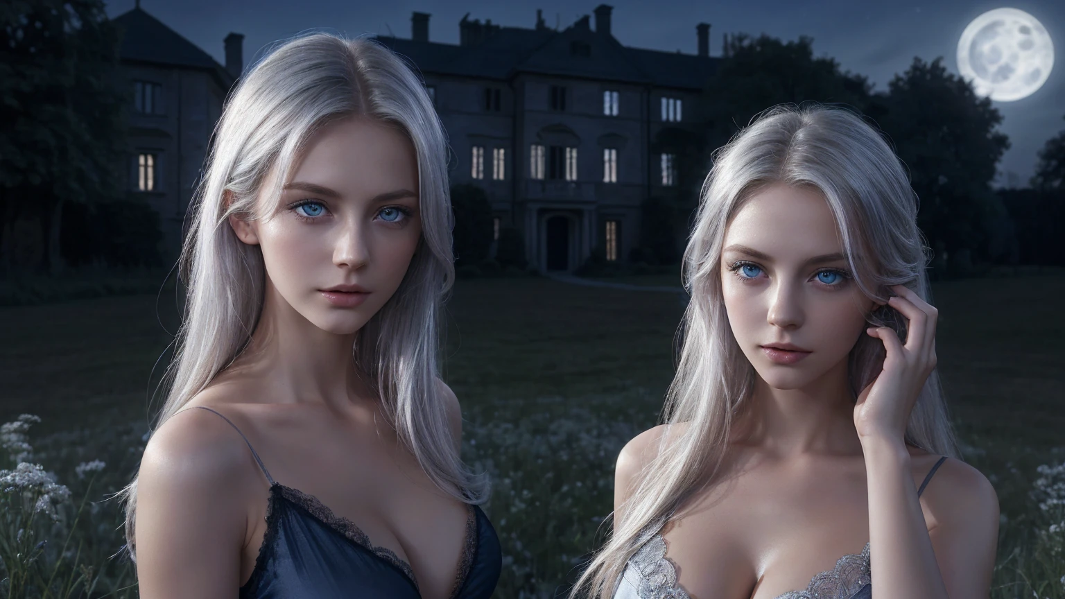 (a European girl touching her hair, blue eyes, short black transparent nightgown, skinny, showing cleavage, silver blonde hair, pale face), meadow, (a mansion behind her: 1.3), (night time: 1.4), (dim moonlight:1.2), dark environment, windy, high quality photo, photo realistic, extremely detailed, highly detailed face, ultra HD, realistic film shader