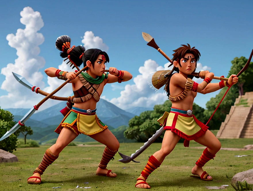manga, toons, anime: battle between the AZTEC ARMY AND THE MAYAN ARMY, FIERCE BATTLE, HD, rain of atlatl crystal spears, bow and arrow, slings and blowguns, and for hand-to-hand combat they used spears, mallets and, probably , knives, lots of action and color