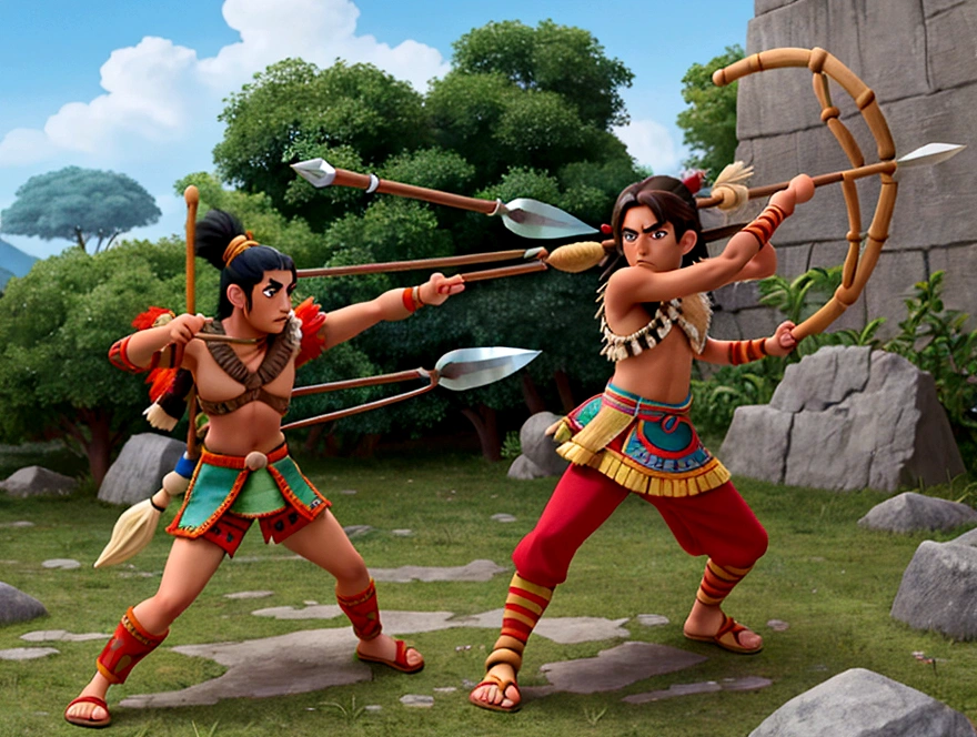 manga, toons, anime: battle between the AZTEC ARMY AND THE MAYAN ARMY, FIERCE BATTLE, HD, rain of atlatl crystal spears, bow and arrow, slings and blowguns, and for hand-to-hand combat they used spears, mallets and, probably , knives, lots of action and color