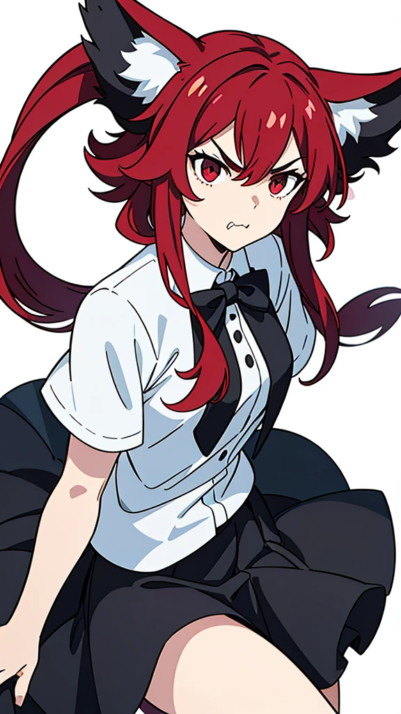 1girl ,20s,angry face,white shirt,short sleeves,(black standard tie),white school skirt,(red hair),long hair,fox ears,(white background, line drawing),night, cityscape, white background
